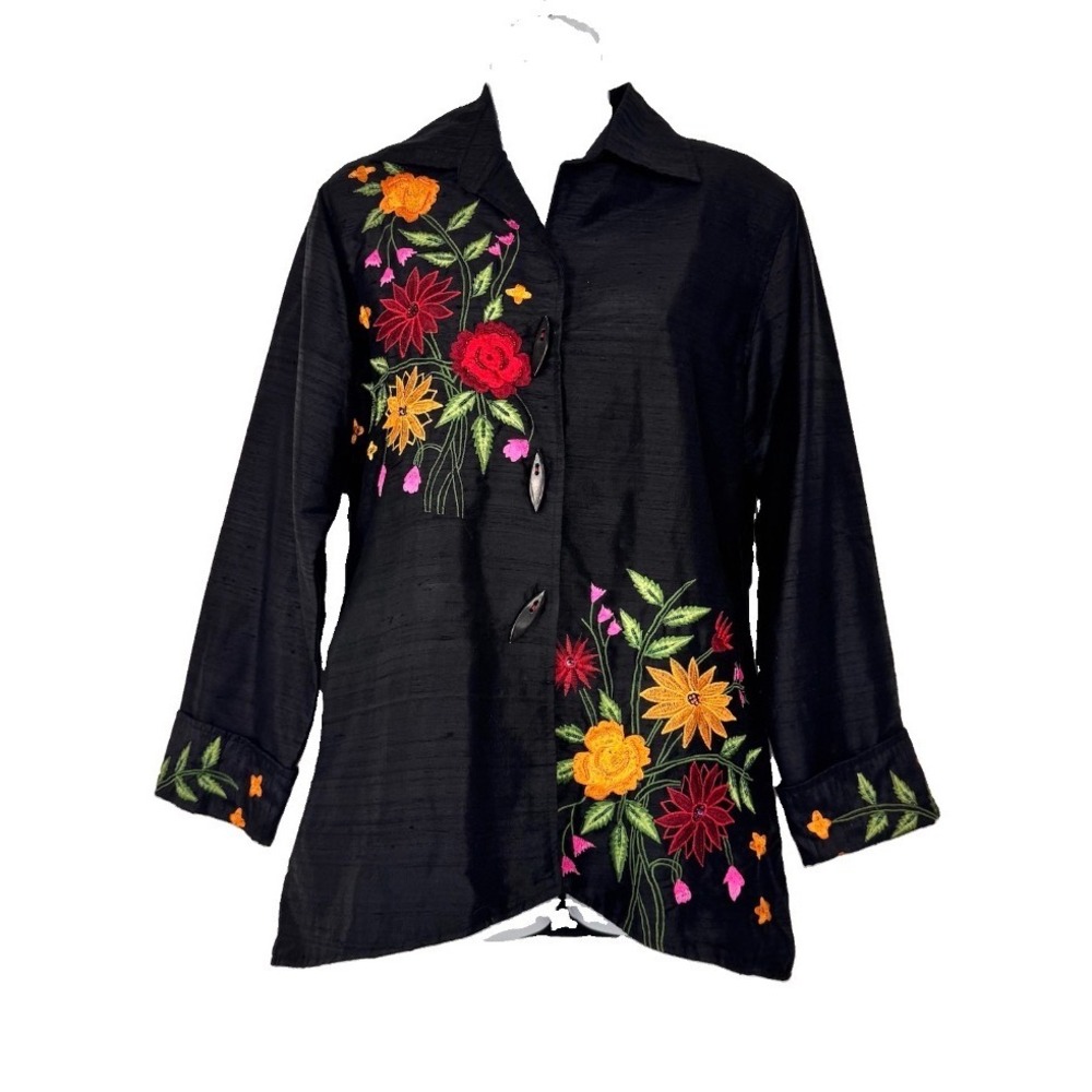 Yak Magik Jacket Women M Black LS 100% Silk Floral Embroidered Boho Nepal